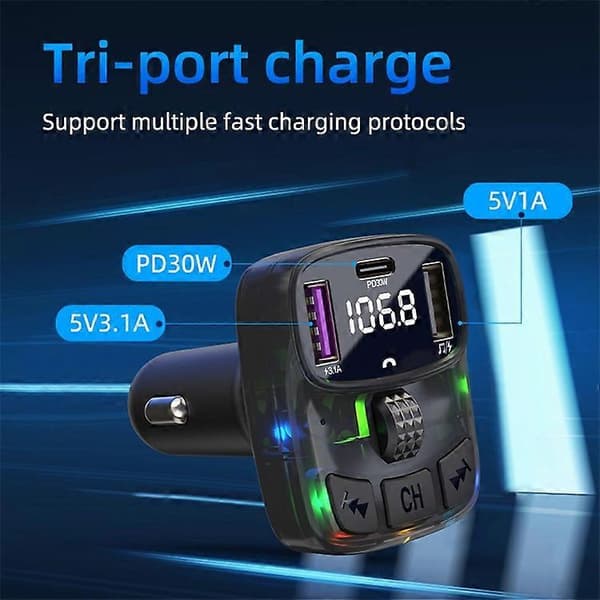C56 Farverig Lys Bil Bluetooth-kompatibel Adapter FM-sender MP3-afspiller PD Type-C + Dobbelt USB-biloplader