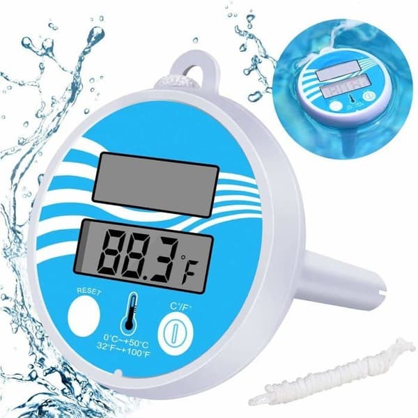 Digital solar-powered floating pool thermometer with strap for outdoor and indoor pools, spas, jacuzzis, etc.