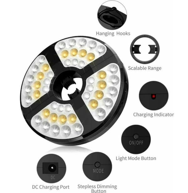 Udendørs Parasol Lys Variabel Lysfarve Nødlys Skive Teltlys - 48LED, DC Genopladelig, Rund, 1 stk.