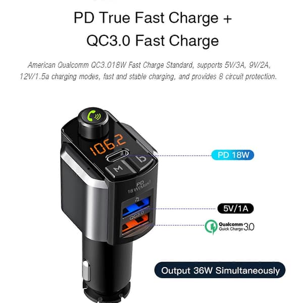 Bluetooth-kompatibel biltransmitter USB-udgang biloplader håndfri opkald