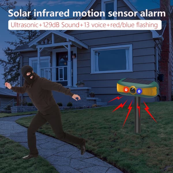 Solar Powered Alarm with Voice and Ultrasonic Animal Repeller - Motion Sensor Sound and Light Warning