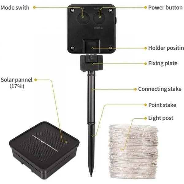 Utendørs lyslenke, solcellelampe, 100 LED, 12M, IP65 vanntett med 8 lysmoduser