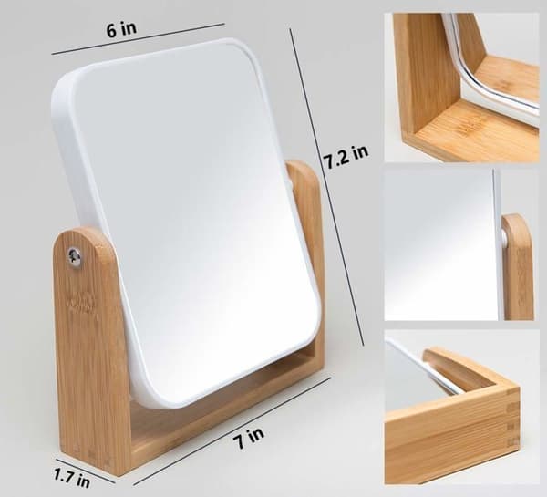 Makeup Mirror with Natural Bamboo Stand, 360 Degree Rotating Magnifying Mirror, White Rectangle (1x, 3x)