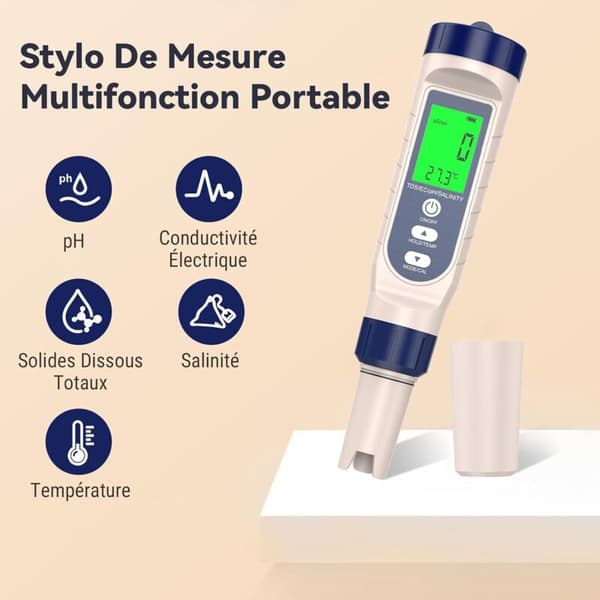 5-i-1 pH-meter. pH. TDS. EC. Salinitet. Termometer. pH-tester til pool med baggrundsbelyst LCD-skærm og temperaturkompensation