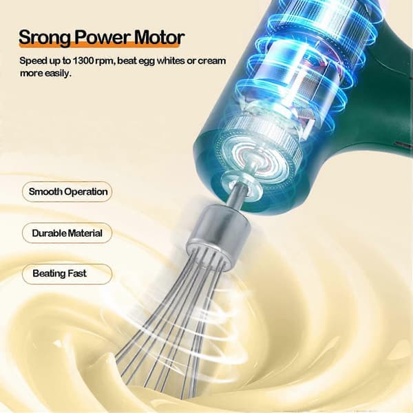Electric Hand Whisk, USB Rechargeable, Egg Beater with 2 Detachable Whisks with 3 Speed Settings Green