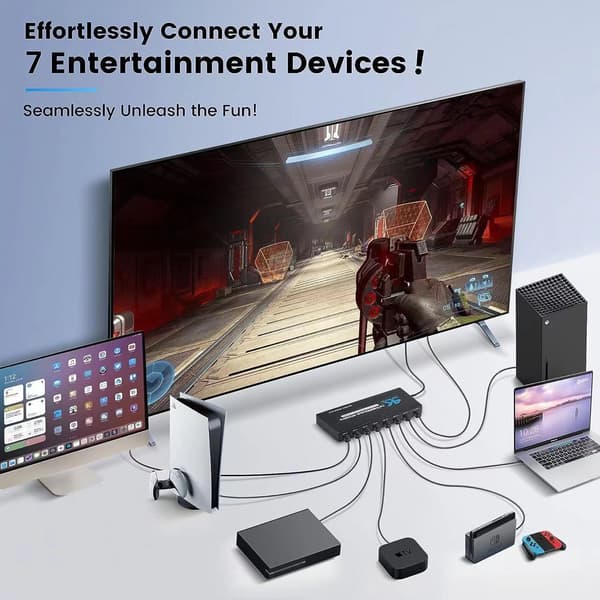 HDMI Switch 7x1 with 4K@60Hz and IR Remote Control, for PS5 PS4 Xbox DVD Player