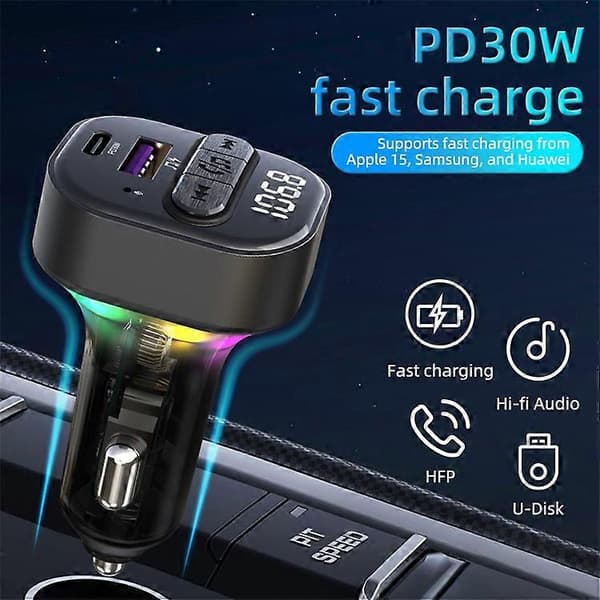 C50 Farverig Lys Bil Bluetooth-kompatibel Adapter FM-sender MP3-afspiller Type-C + USB-biloplader