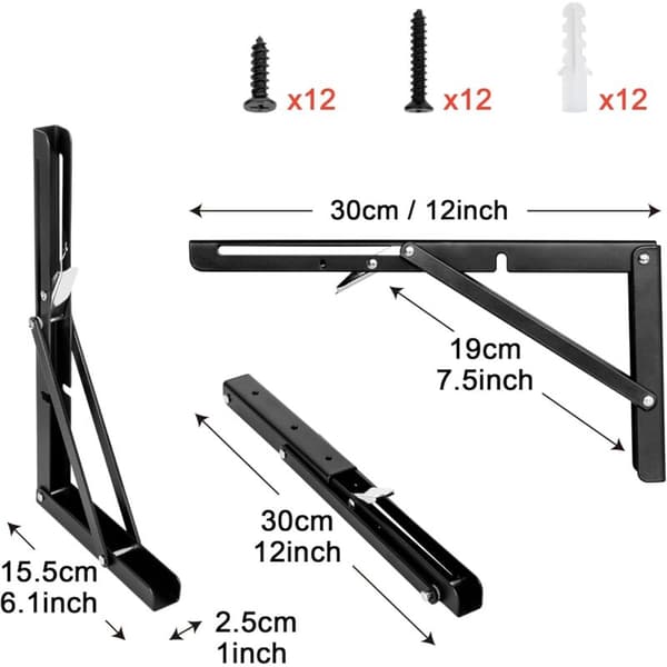 Sæt med 4 foldbare konsoller til tung belastning 300 mm. 4 hængsler. 90° foldevinkel. pladsbesparende foldebord. vægmontering. bæreevne 75 kg