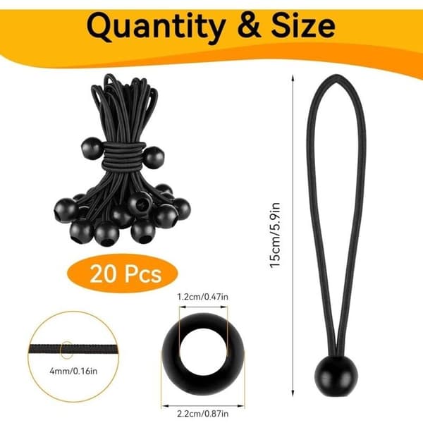 25 Stykker Elastiske Bungee Snore. 150 mm Fleksibel Elastik. Kugle Bungee Snore. Holdbare Elastiske Snore. Til Bannere, Presenninger, Camping, Telte (Sort)