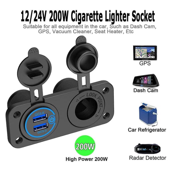 Cigaret lighter Splitter Quick Charge 3.0 Biloplader Adapter 12V 3 Port