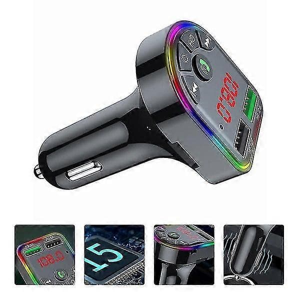 F5 Bilopladeradapter med farverigt LED-lys og MP3-afspiller (Sort)