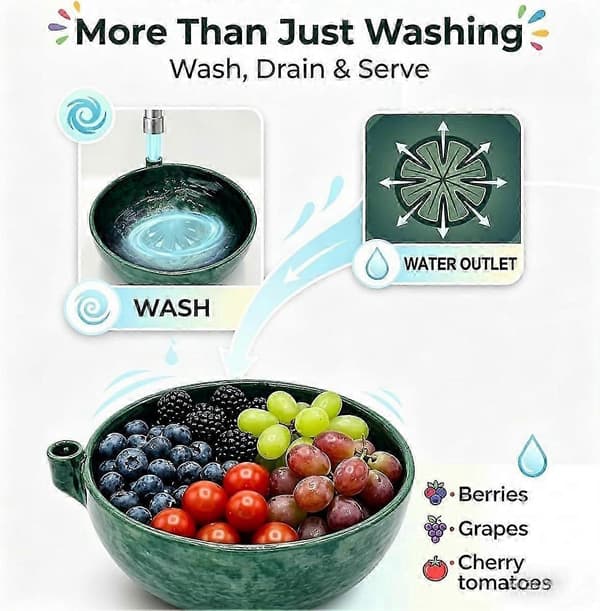 2026 Self-Rotating Berry Bowl with Drainage Holes, 360 Degree Cleaning Fruit Swirl Colander with Center Pillar, Automatic Quick Kitchen Rinse