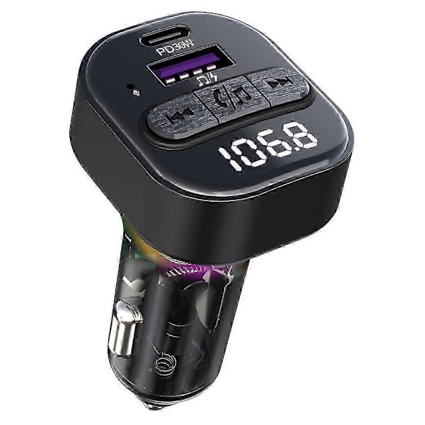 Fargerik Lys Bil Bluetooth Adapter FM-sender MP3-spiller Type-C+USB Billader