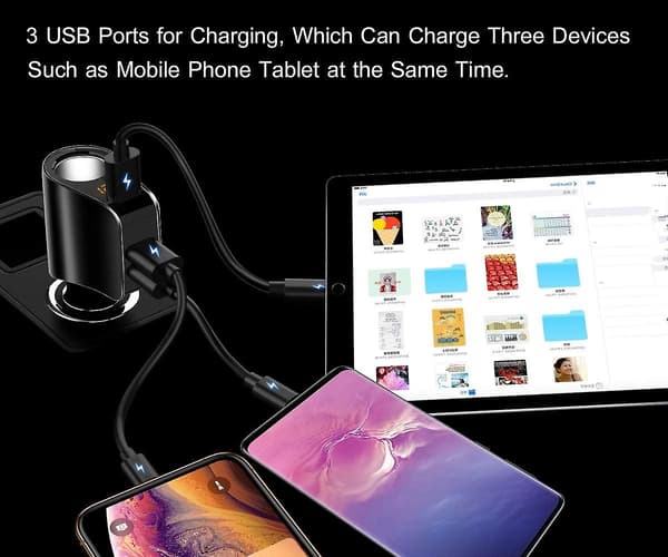 Billader, Multippel USB sigarettenneradapter, med 3 USB-porter (svart)