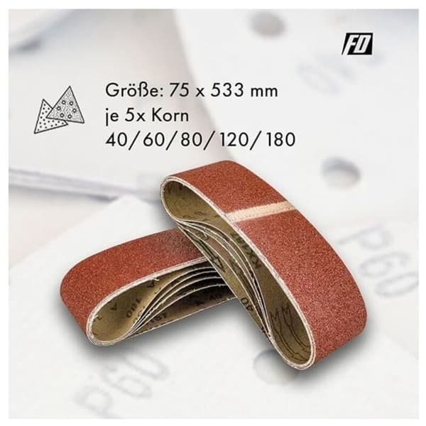 Slibebånd 75 x 533 mm. Blandede slibebånd til slibemaskiner. Korn 80. 10 stk.