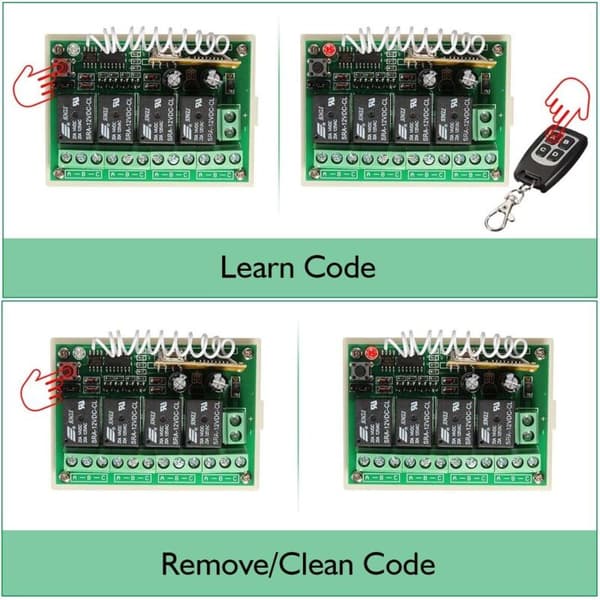 433MHz 4-channel DC 12V Remote Control, RF Relay Switch for Garage and Gate