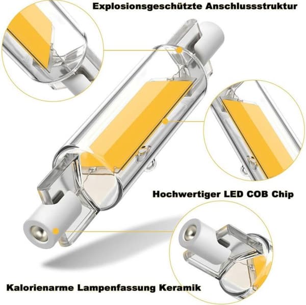 R7S LED-lampe COB Glasversion Dobbeltendet Krydslampe - 118mm, 1 stk.