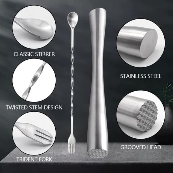 26 cm Stainless Steel Cocktail Muddler Mojito Muddler with Cocktail Spoon Ice Muddler Used in Bars, Restaurants