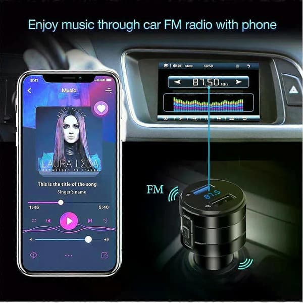 FM-sender for bil Bluetooth Hurtiglader Trådløs FM-radio Bluetooth Biladapter Støyreduserende Håndfri Samtale