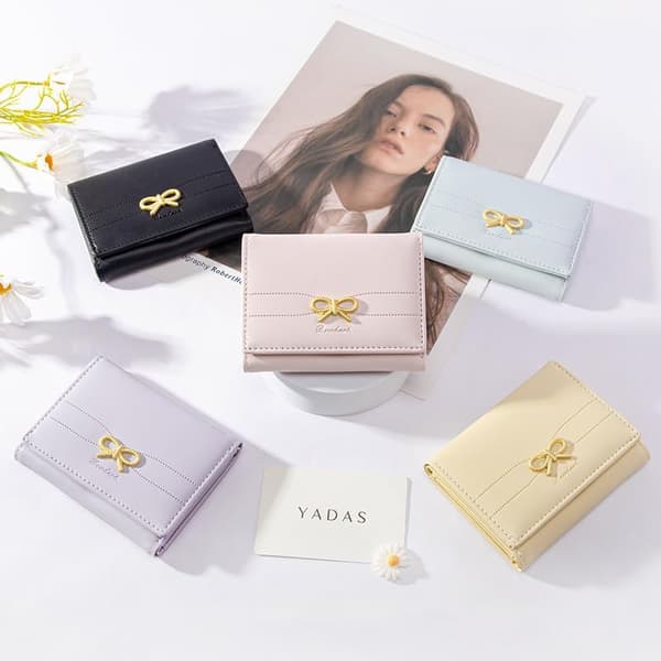Cute Bow Small Wallet Trifold Aesthetic Bifold RFID Blocking Card Holder Leather Mini Card Coin Purse with I