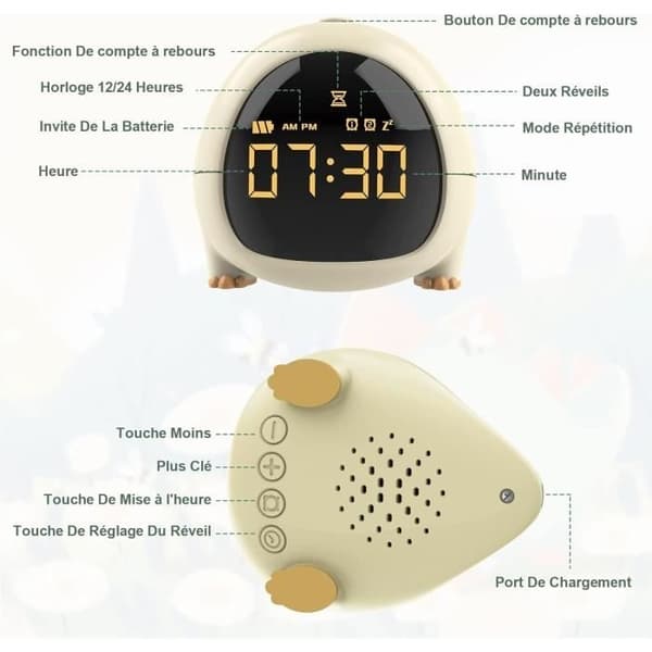 Children's Alarm Clock with LED Light, USB Charging, Multifunctional Adjustable Night Light with Countdown Timer for Girls and Boys (Yellow)