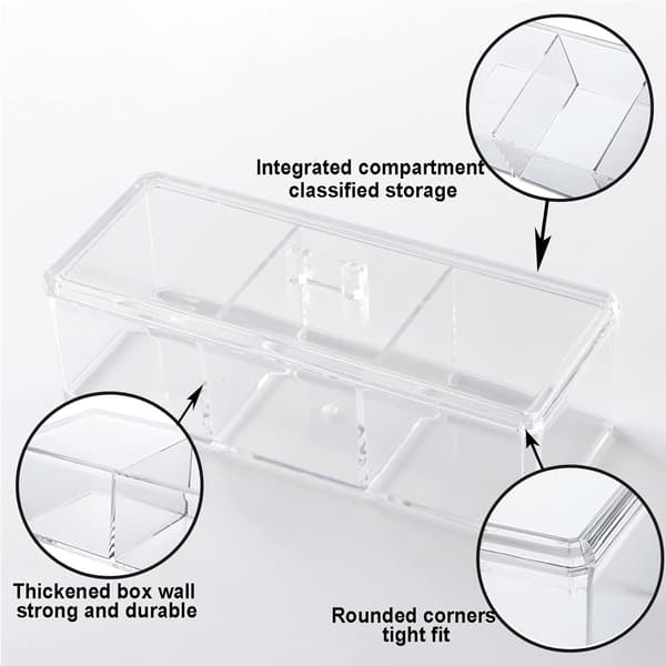 1 pc Square Qtip Holder, 3-Compartment Cotton Pad and Pad Organizer, Clear Acrylic Containers with Lids for Bathroom Vanity
