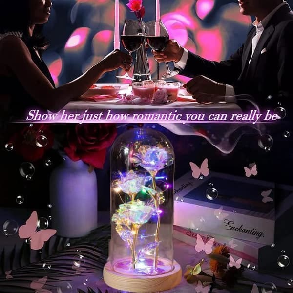 Evig rose under en lysende glasskuppel, glitrende galakserose 3D, til morsdag, LED evig blomst, rose