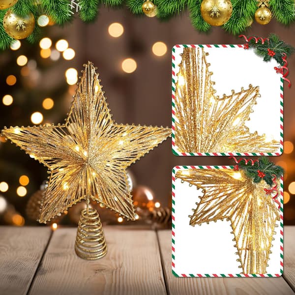 1 stjerne til juletretopp i gull med glitter og 10 LED-lys, juletrepynt