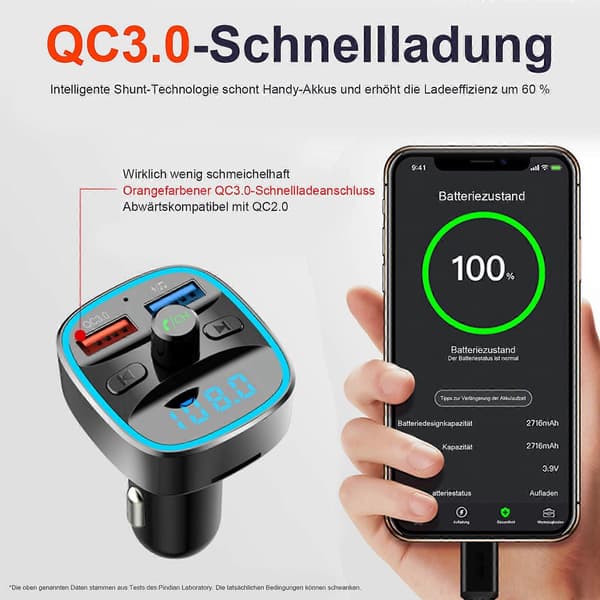Håndfri Opkald: FM-sender med Bluetooth & QC3.0 Biloplader