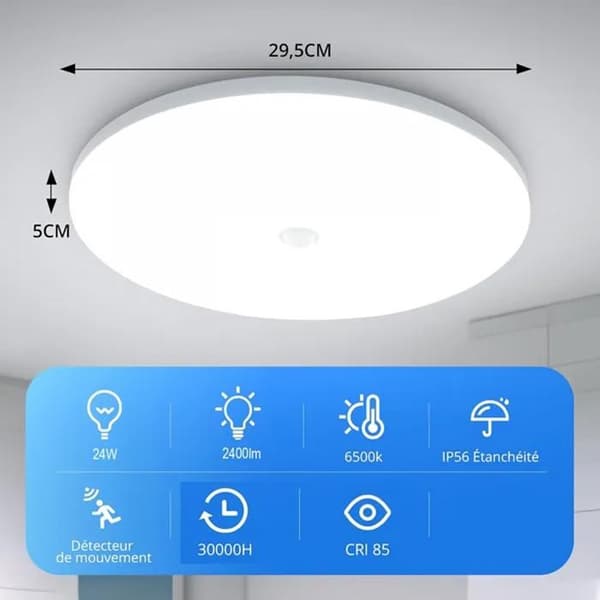 LED taklampe med bevegelsessensor - 24W 30cm - 2400 lm - 6500K kaldhvit - IP56