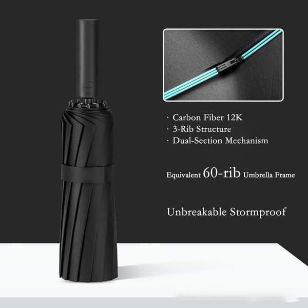 Automatic Storm Umbrella with 60 Ribs - Windproof, Large and UV-Protective Black