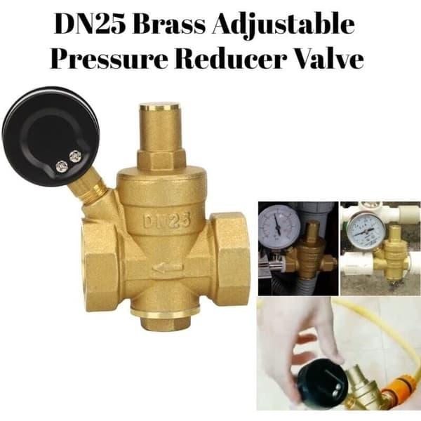 DN25 Justerbar Vanntrykksregulator/Reduserer. Messing Vanntrykkreduserende Ventil + Vanntrykksmåler