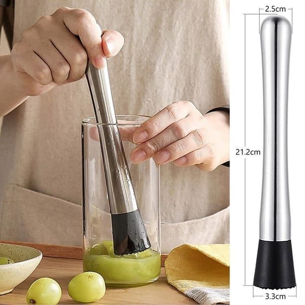 21 cm cocktailmuddler i rustfritt stål med riflet nylonhode og fruktmikser