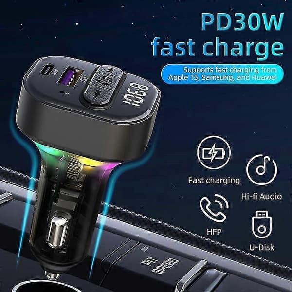 Färgglad Ljus Bil Bluetooth Adapter FM-sändare MP3-spelare Typ-C+USB Billaddare