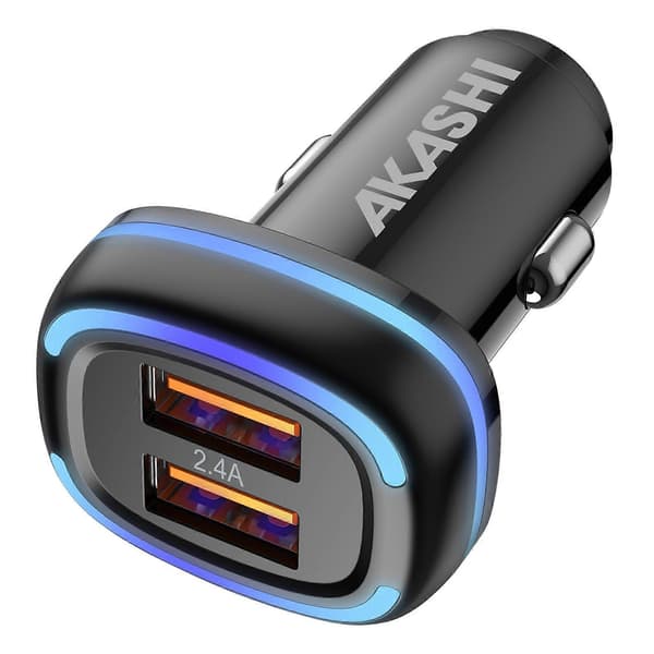 Dobbel USB 2.4A Hurtiglading Lys LED Billader, Svart