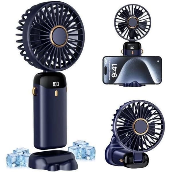5-i-1 Mini Bærbar Ventilator - 2500 mAh - 5 Ventilatorhastigheder - 90° Sammenfoldelig - Digitalt Display - Mørkeblå