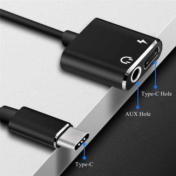 USB C-adapter til 3,5 mm hodetelefon og USB C-ladekontakt