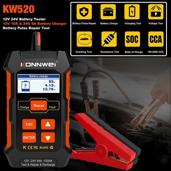 Bilbatteritester til KW520 - 12V 24V diagnostisk scanner og oplader