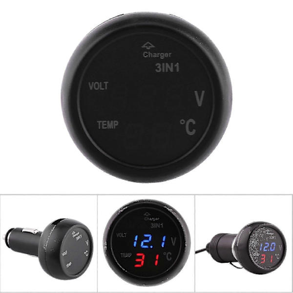 Billaddare med dubbla LED, voltmeter och termometer - Blå/Röd
