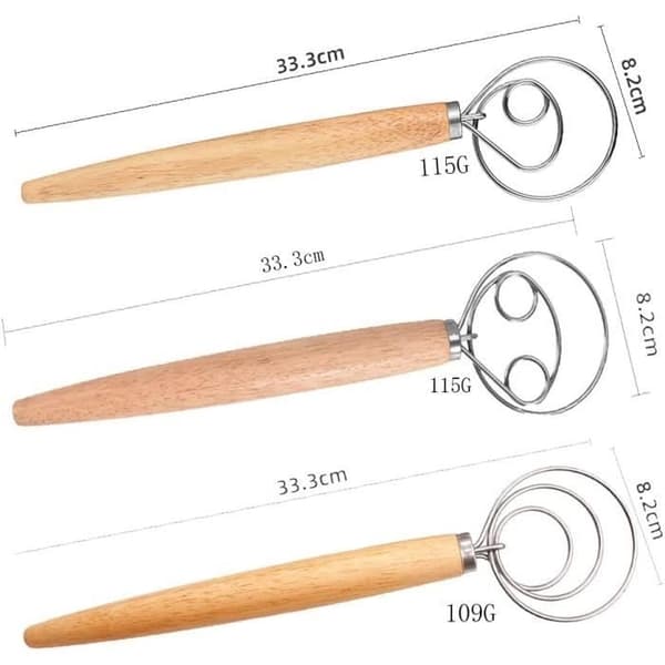 Egg Whisk, Dough Whisk, 3 Professional Kitchen Whisks, Wooden Handle Mixer, Danish Egg Whisk, 33.3*8.2 cm