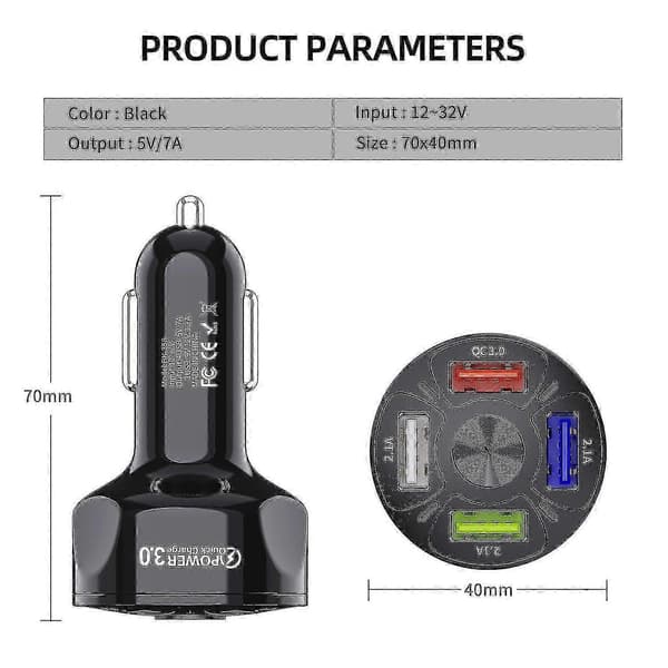 USB Biloplader, 4i1, 7A 35W USB med LED-lys, 12-32V