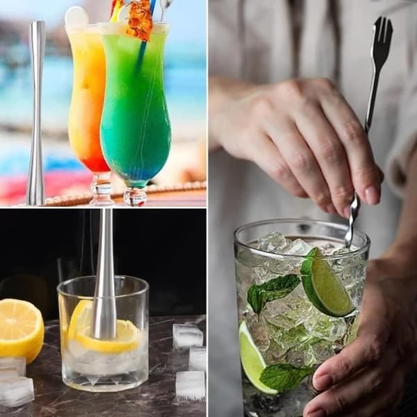 26 cm Stainless Steel Cocktail Muddler Mojito Muddler with Cocktail Spoon Ice Muddler Used in Bars, Restaurants