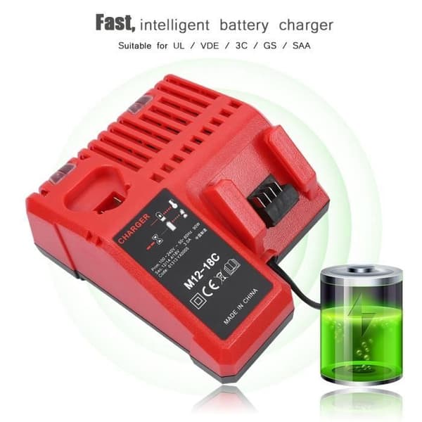 Cuque M18 batterilader, 12V-18V litiumbatterilader for EU-plugg, erstatning for Milwaukee M12-18C M18 110-240V