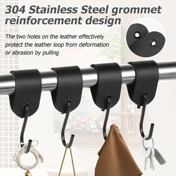 Sæt med 10 kroge med læderstropper - Til tøjstativer - Rustfrit stål - Sort - 12,5 x 3 cm - Til garderobe og camping - Sort