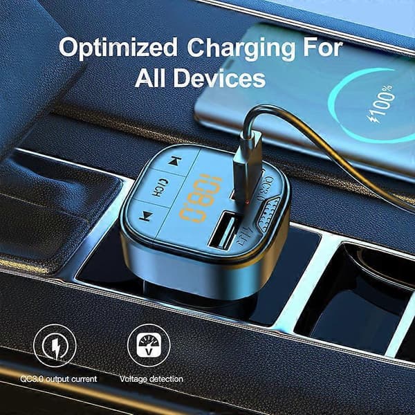 FM-sender Bil MP3-spiller Siri Stemmeassistent QC3.0 Dobbel USB Hurtiglading Billader Bluetooth Håndsfritt Bilstett