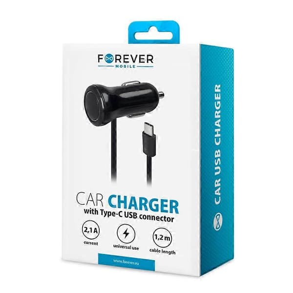 Kompakt og let 24W 2.1A biloplader med USB-C kabel, sort