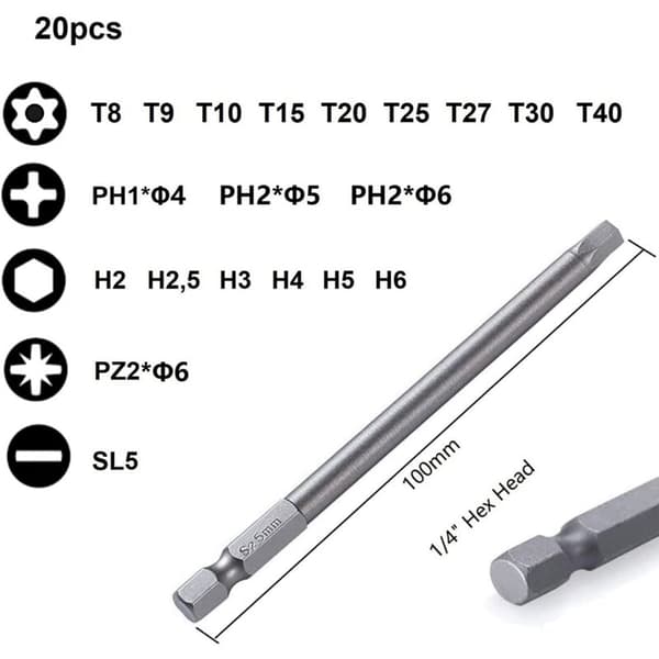 Long bits, magnetic bits 20 pieces 100 mm series, T8-T40 Torx bit, H2-H6 hex bit, PH1 PH2, PZ2, slotted bit, 1/4 inch hex