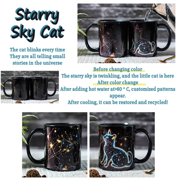 Magic Color Changing Cat Mug, Heat Activated Ceramic Cup with 5 Cat Motifs, Novelty Gift 350ml Starry Sky Cat B
