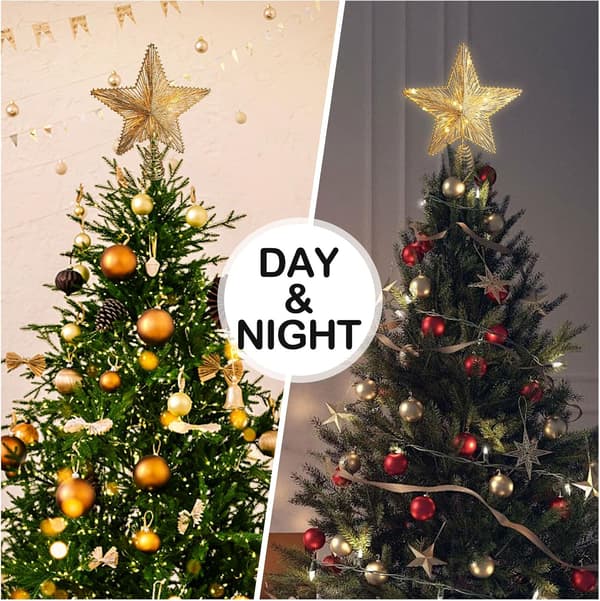 1 stjerne til juletretopp i gull med glitter og 10 LED-lys, juletrepynt