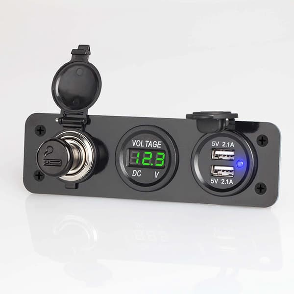 med LED Voltmeter Biloplader Dobbelt USB 2.1A 12V Udtag Strømstik Panel Jack til Bil Båd Marine Lastbil